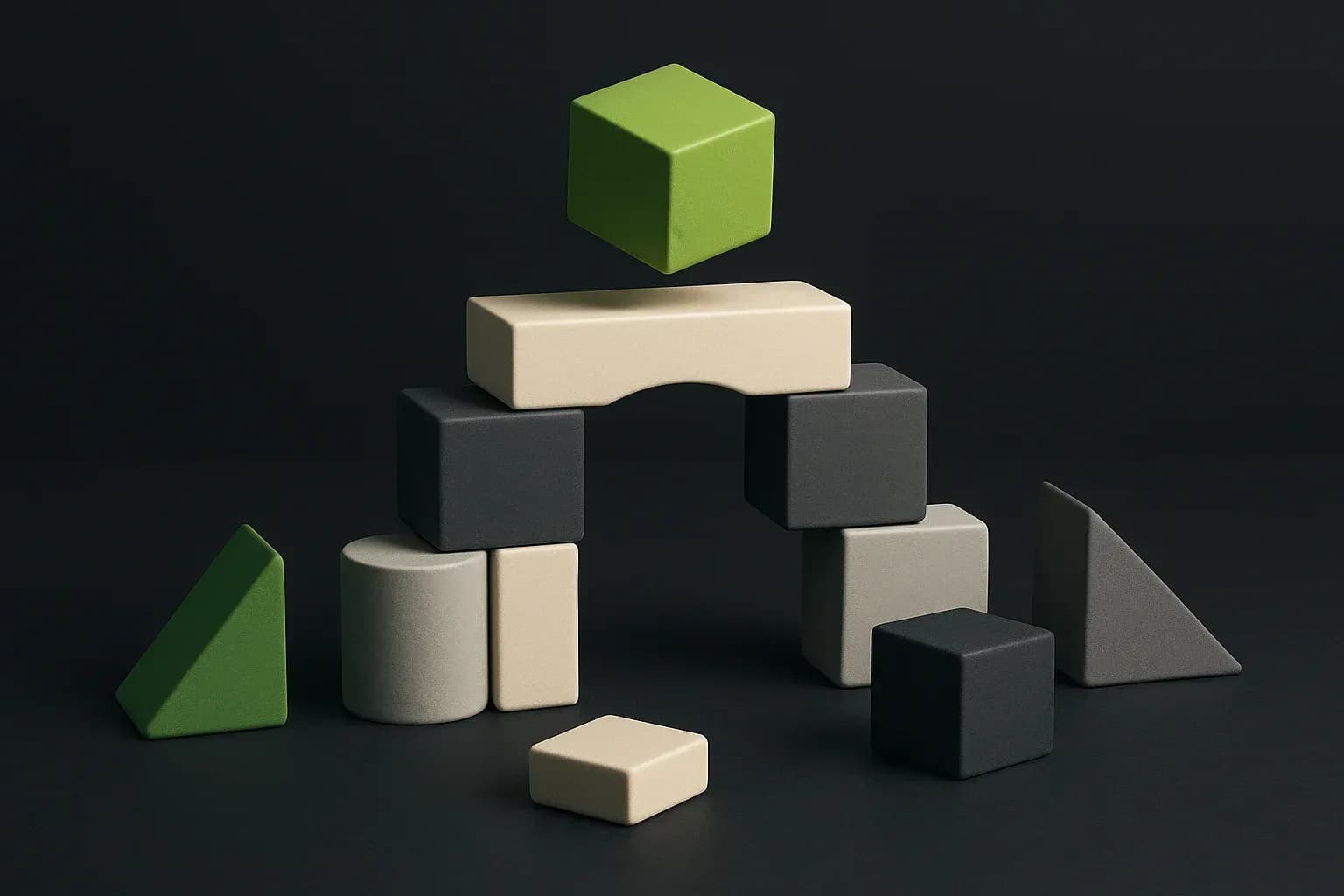 Des blocs géométriques s'assemblant pour former un pont, métaphore de la modularité.