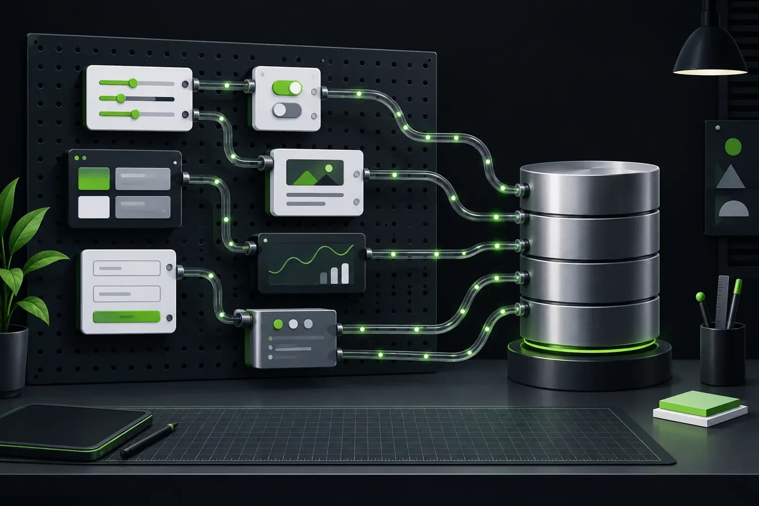 Modules d’interface aimantés alignés sur un banc de travail, reliés par des tuyaux lumineux vers un cylindre métallique central évoquant une base de données SQL.