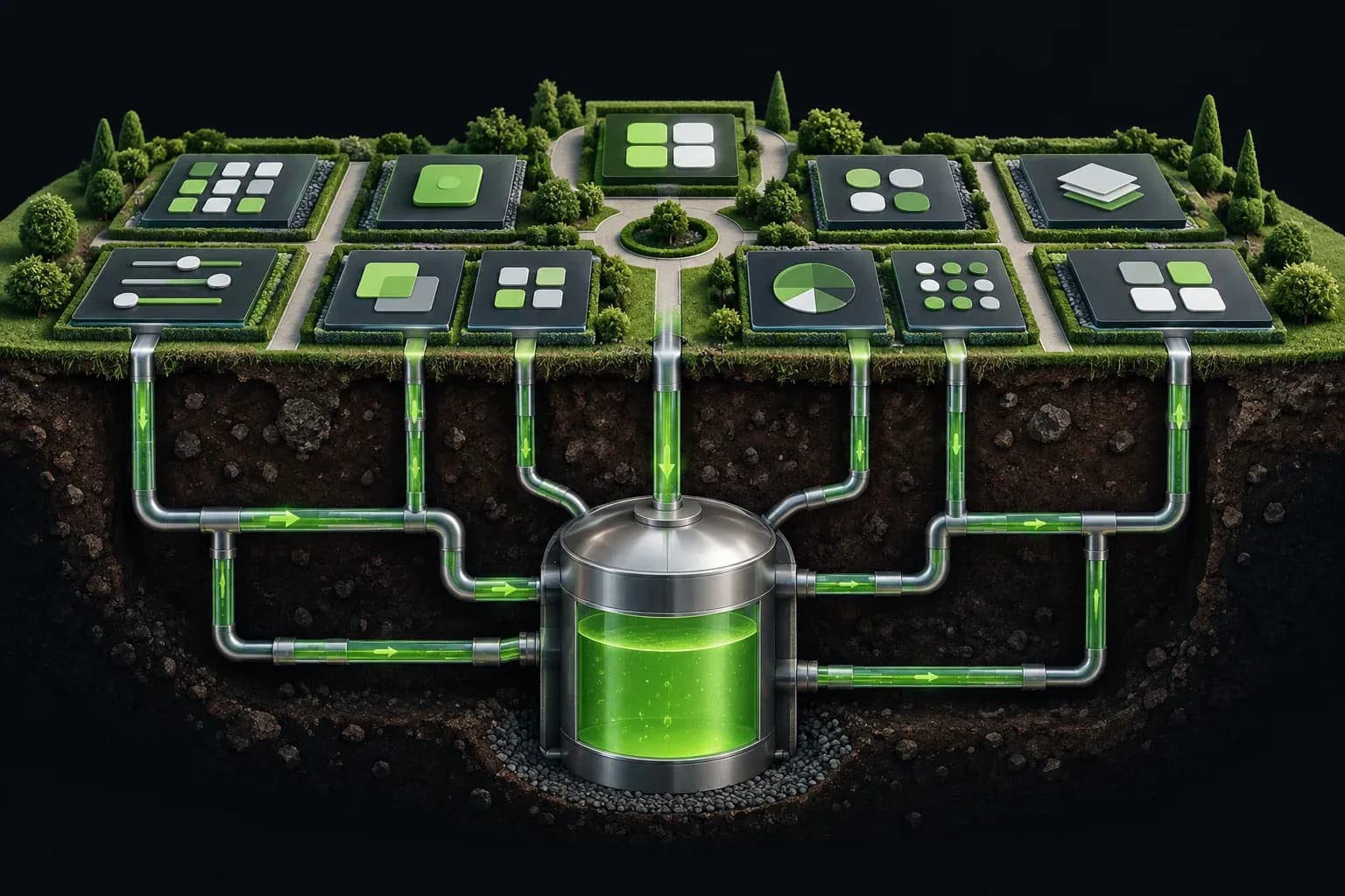 Vue en coupe d’un jardin où des parcelles d’interfaces modulaires sont alimentées par des canalisations souterraines menant à une cuve cylindrique, métaphore d’une base SQL qui nourrit les application