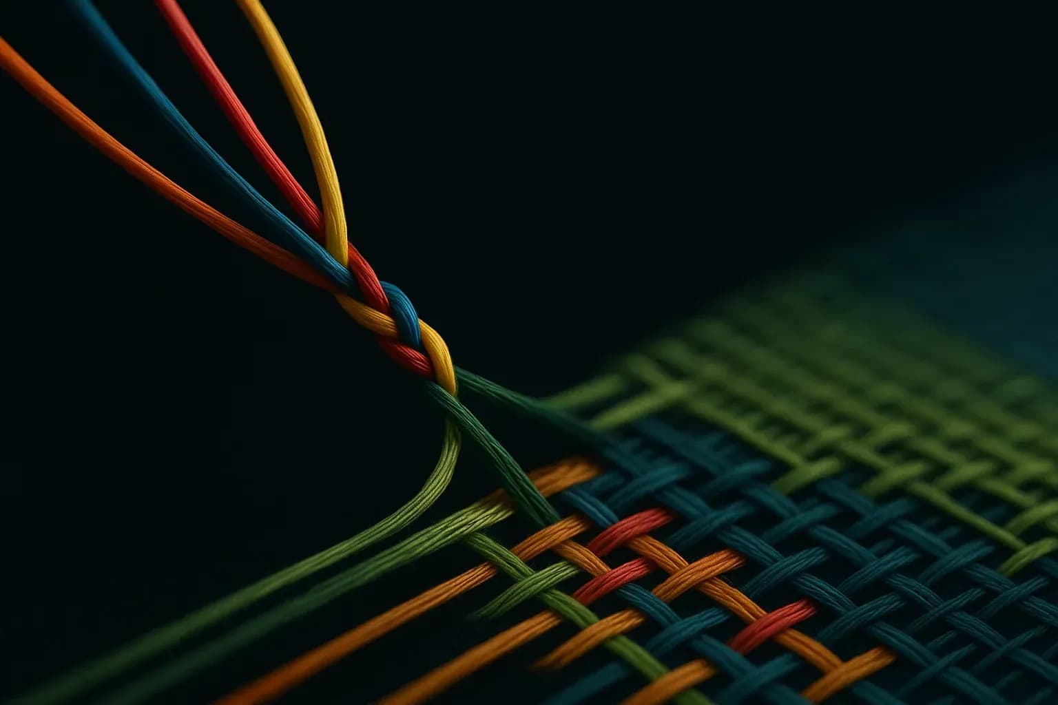 Fils de soie de différentes couleurs s'entremêlant pour former un tissu solide, métaphore de la collaboration et de l'intégration.