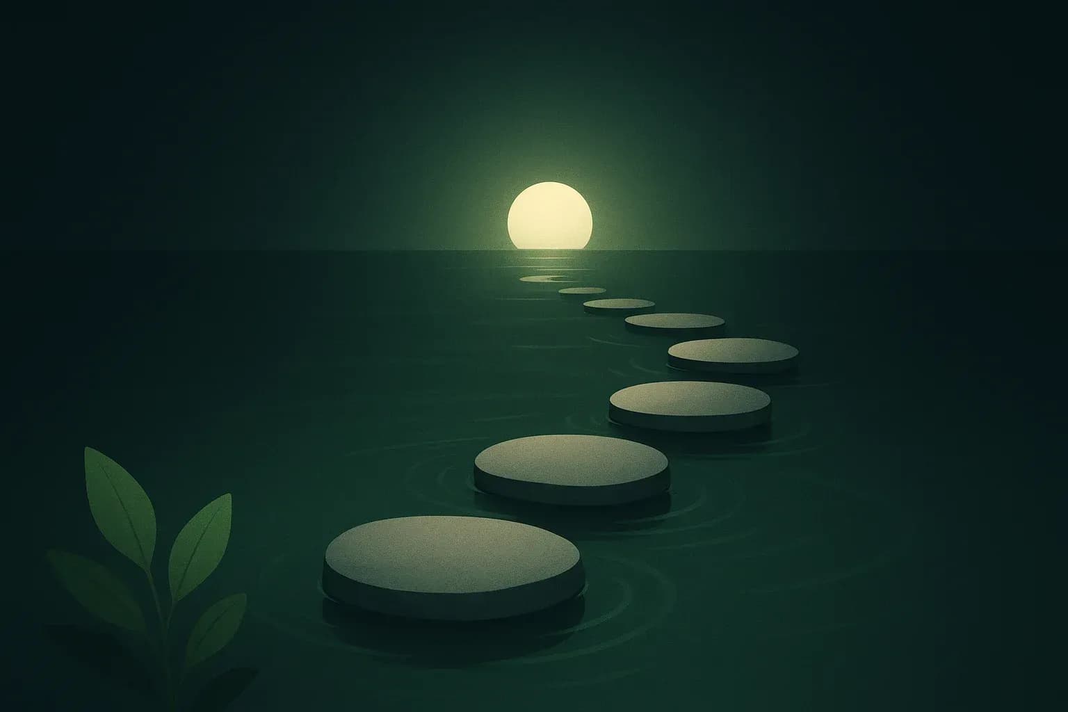 Pierres formant un chemin sur une eau calme, symbolisant la progression et l'accessibilité technologique.