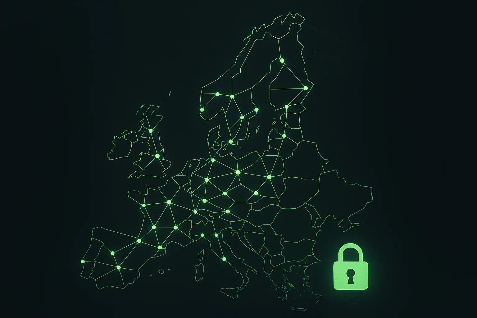 Carte numérique stylisée de l'Europe montrant un réseau de connexions sécurisées.