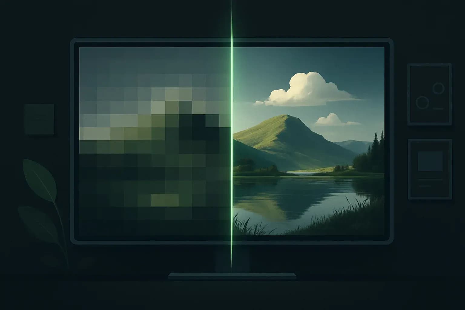Métaphore visuelle montrant le passage d'une image floue à une image extrêmement nette et détaillée.