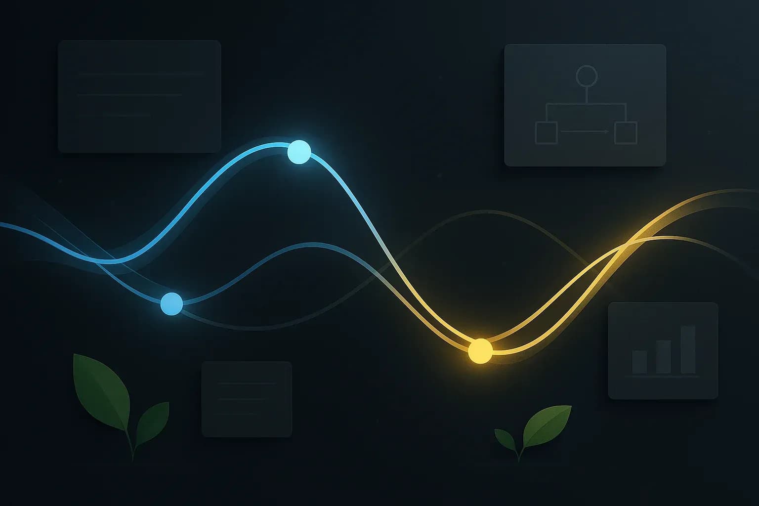 Un flux de lignes lumineuses connectant des points de données pour symboliser l'automatisation fluide.