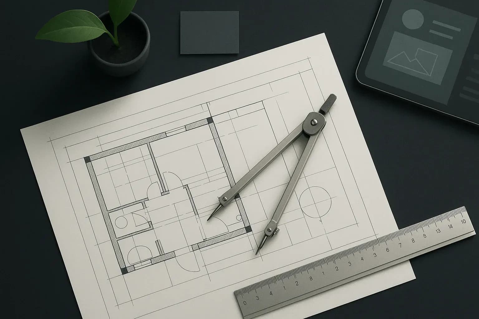 Un plan technique avec des outils de précision évoquant la conception rigoureuse d'outils personnalisés.