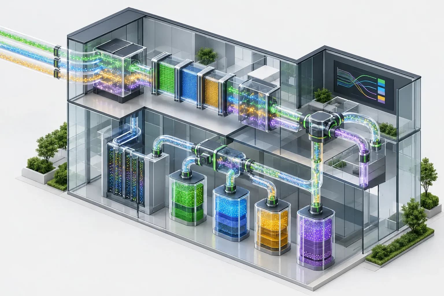 Réseau de tuyaux transparents à l’intérieur d’une structure isométrique, avec vannes, filtres et collecteurs qui redirigent des flux lumineux vers des réservoirs, métaphore d’un pipeline de données go