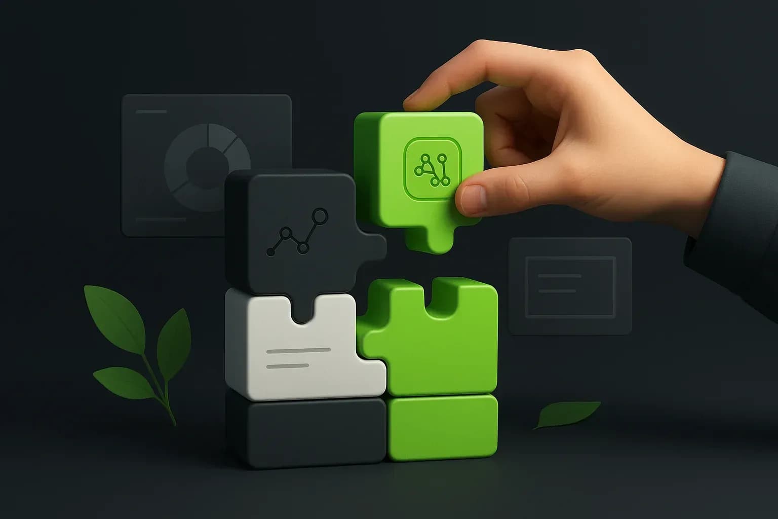 Blocs modulaires colorés s'emboîtant pour symboliser la construction visuelle d'agents IA.