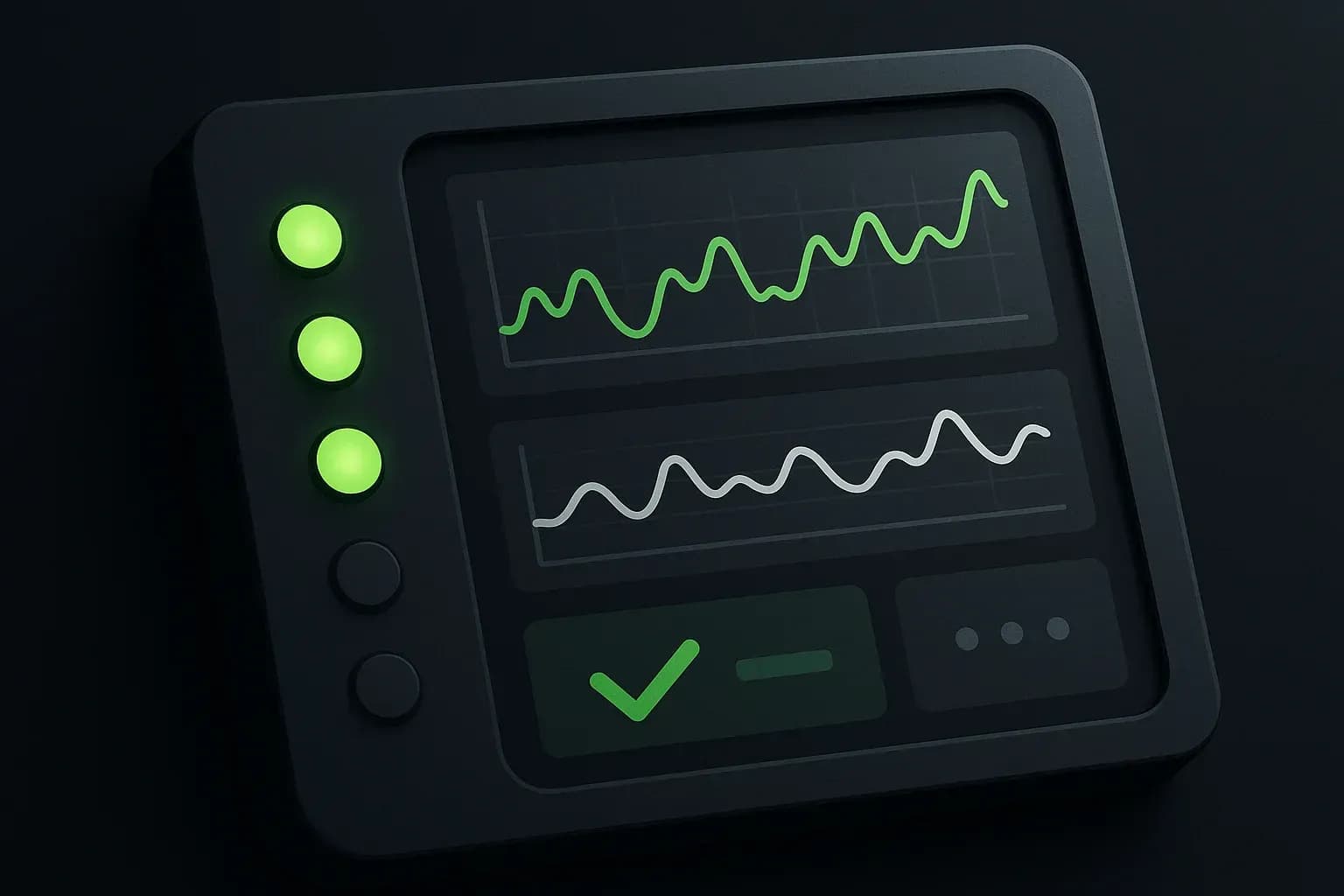 Panneau de contrôle moderne affichant des indicateurs de performance stables pour symboliser la fiabilité en production.