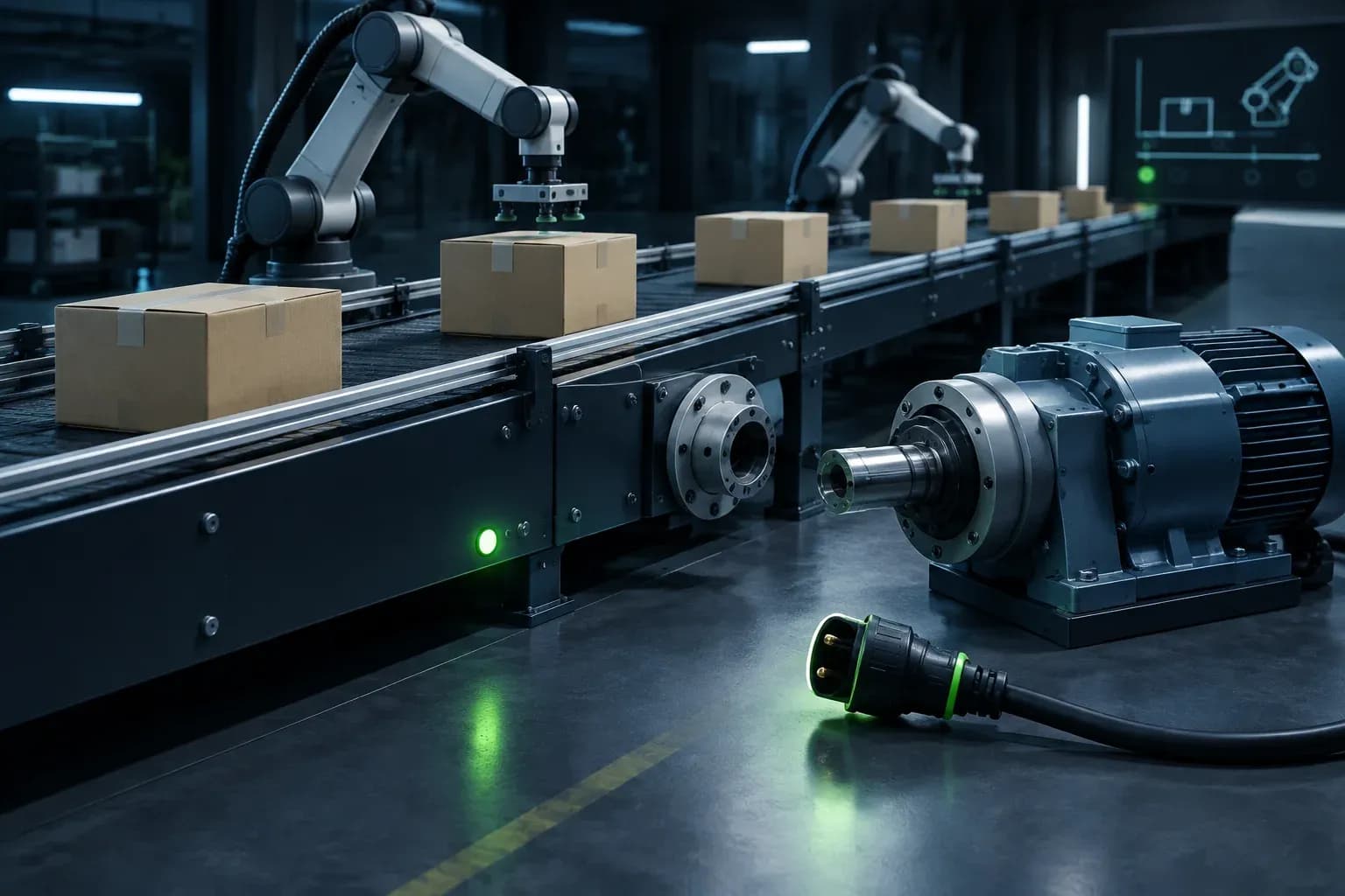 Un convoyeur d’usine avance des boîtes avec un voyant vert allumé alors que son câble d’alimentation est débranché et le moteur désaccouplé, symbolisant une réussite apparente malgré une panne.