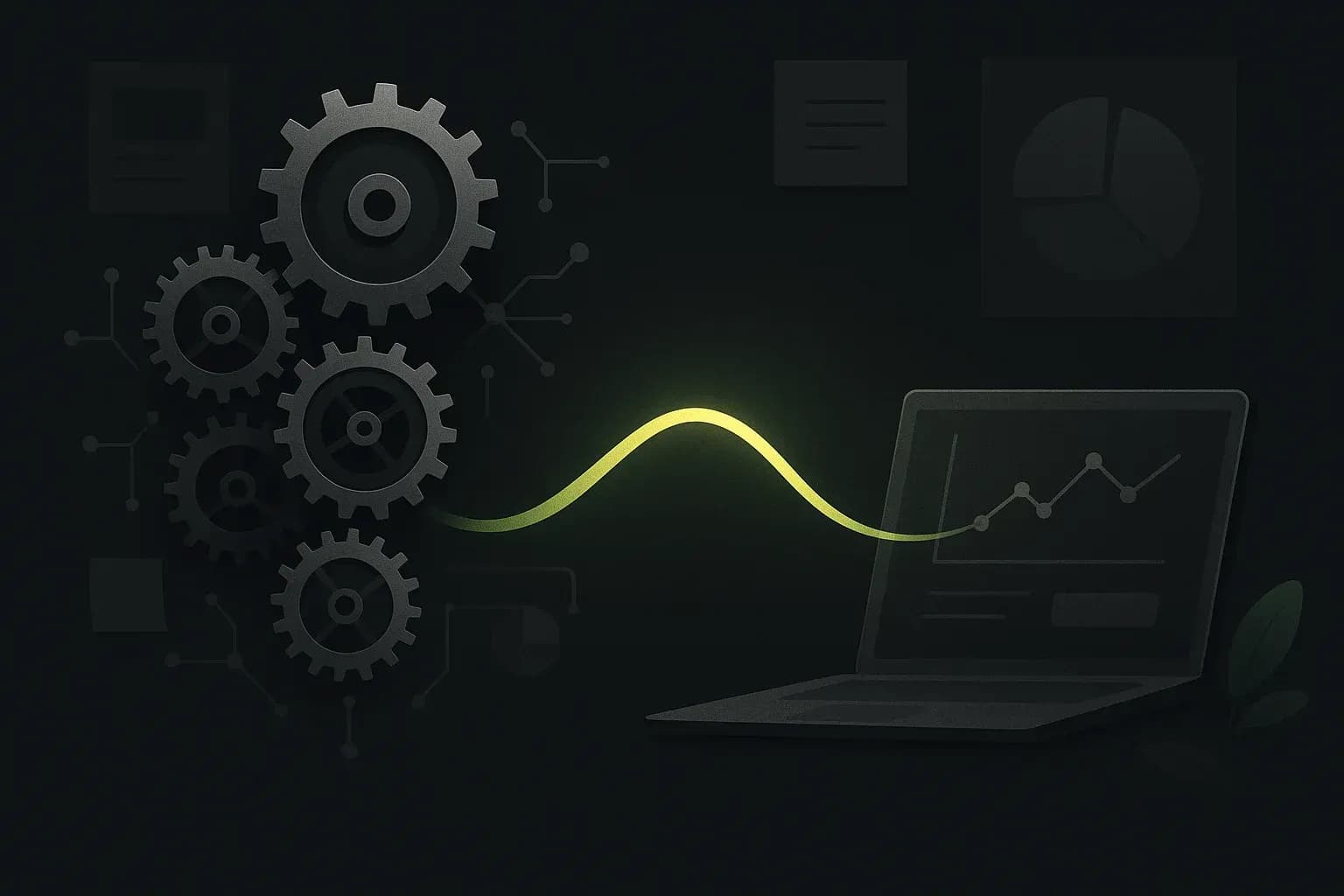 Un mécanisme complexe se transformant en un fil d'or unique symbolisant l'automatisation fluide.
