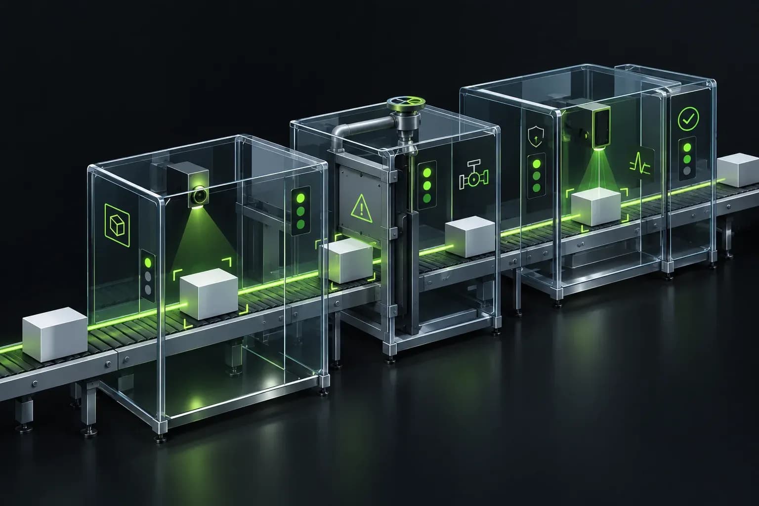 Une ligne de production traverse des modules d’inspection en verre où l’on voit valves, capteurs et voyants, tandis qu’un fil lumineux suit chaque produit, image d’une gouvernance et d’une traçabilité