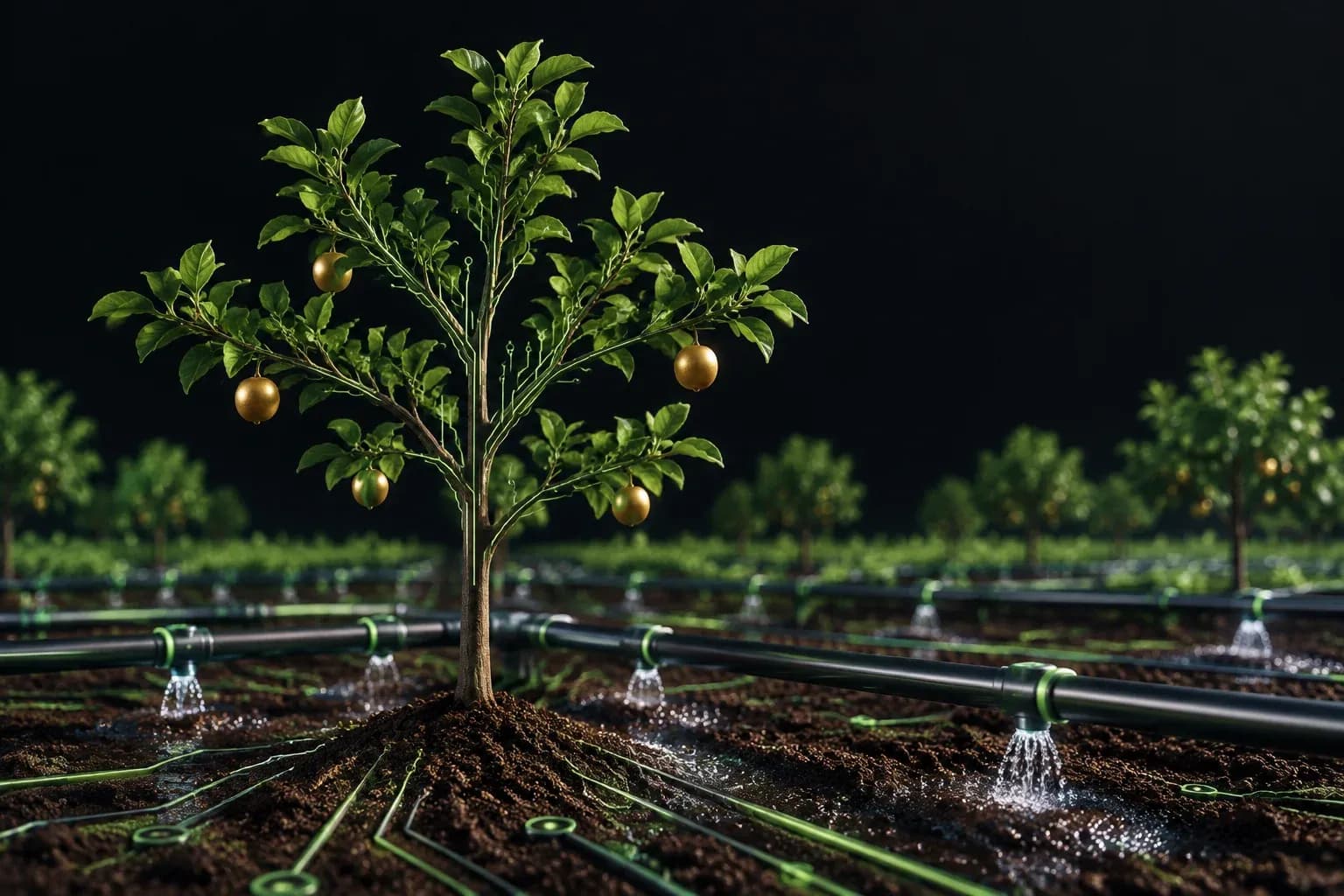 Dans un verger high-tech, un arbre aux branches façon circuit est abondamment irrigué, mais ne donne que quelques fruits dorés.