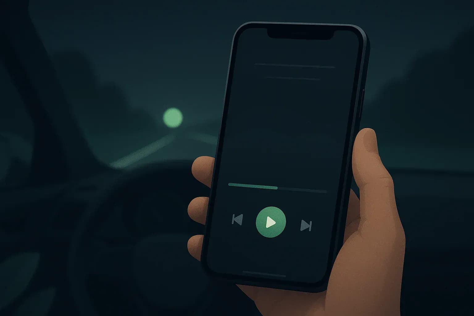 Smartphone affichant un lecteur audio dans un environnement de trajet en voiture.