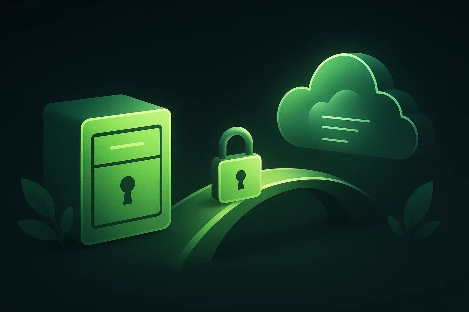 Métaphore d'un pont sécurisé reliant un coffre-fort de données local à une structure de cloud éthérée.