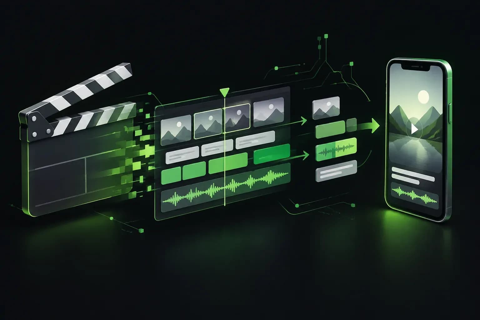 Un clap de cinéma se transformant en interface de montage où des pistes et blocs vides s’assemblent automatiquement autour d’un smartphone vertical, suggérant la création de publicités vidéo automatis