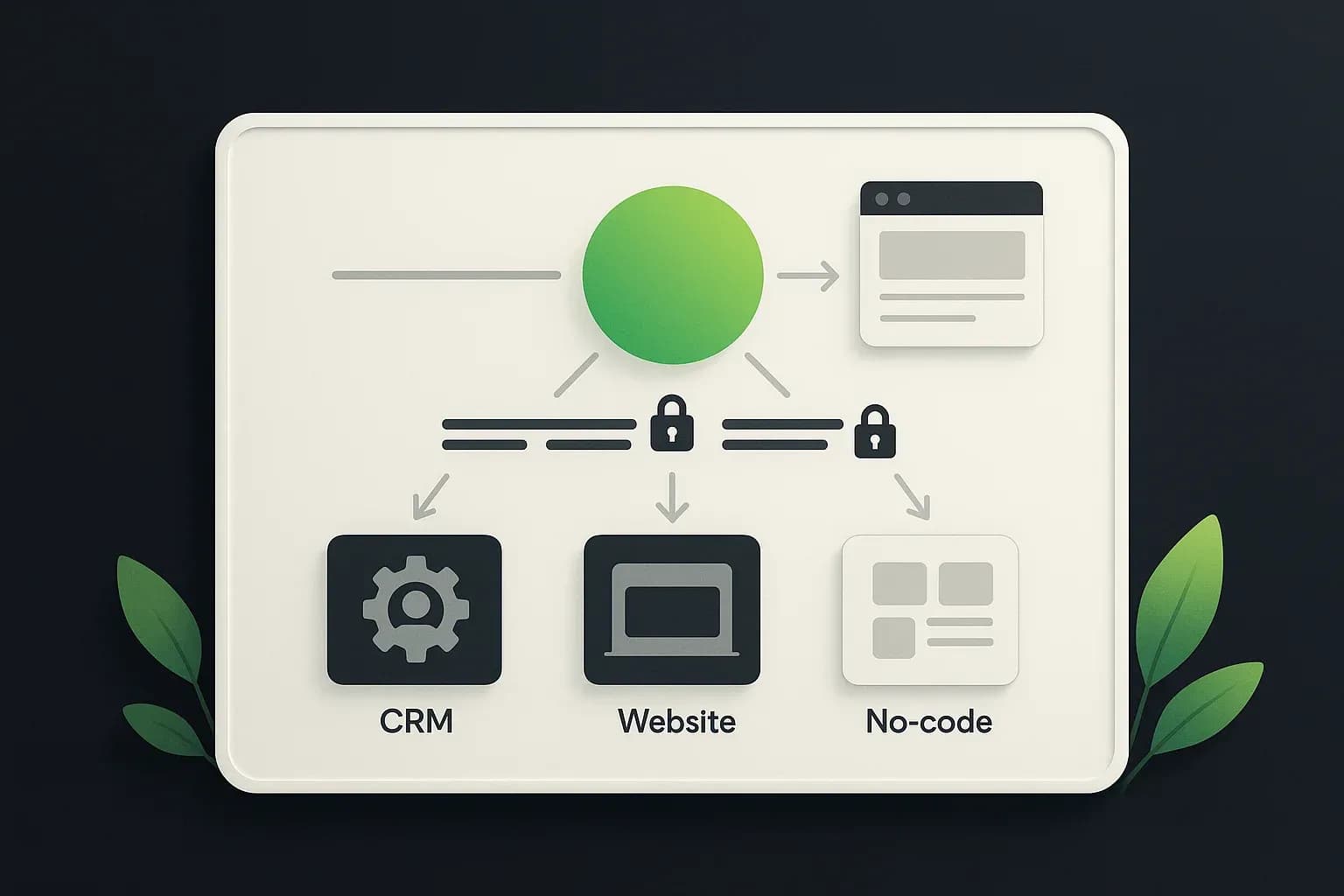 Schéma d’intégration API reliée au CRM, au site et aux outils no-code