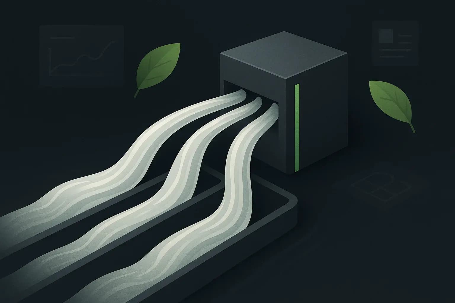 Des flux d'eau se transformant en canaux organisés, métaphore de l'automatisation des processus.