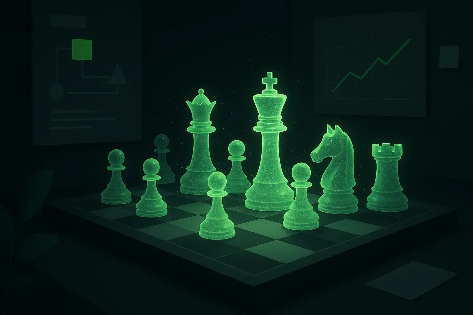 Un échiquier de lumière symbolisant la stratégie et la simulation de scénarios complexes.