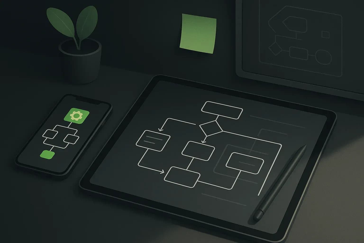 Un espace de travail organisé montrant un schéma de processus automatisé sur un carnet numérique.