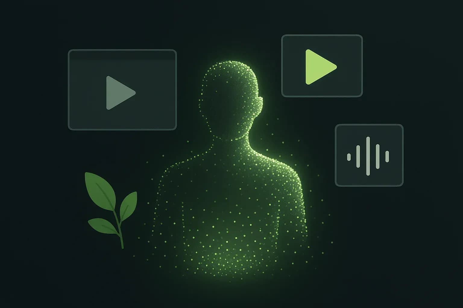 Représentation conceptuelle d'un visage humain formé de particules lumineuses et d'icônes de lecture vidéo.