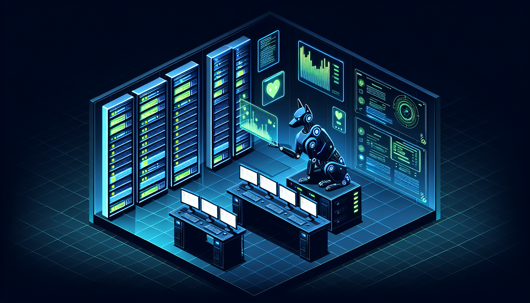 IA en crise 2026 : robot-chien surveillant data center avec alertes sécurité