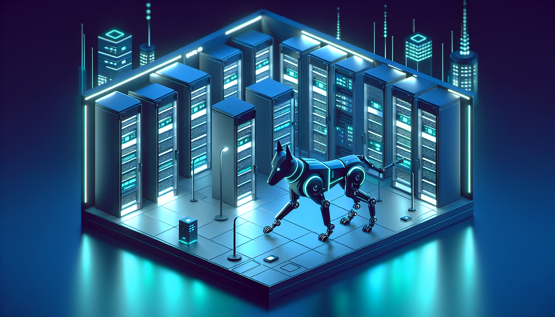 Robots-chiens IA surveillant un data center moderne de nuit